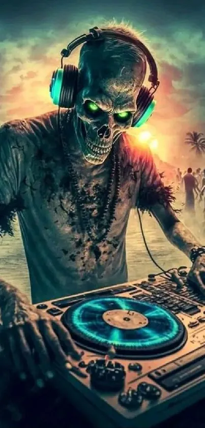 Neon skull DJ rocks a music festival with vibrant turquoise shades.