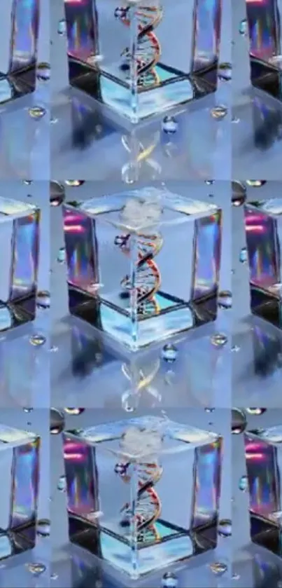 3D DNA structures in glass cubes on a blue background