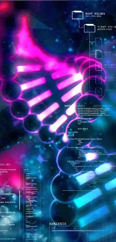 Futuristic digital art with neon DNA strand.