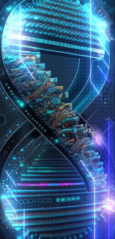 Futuristic digital DNA design on electric blue background.