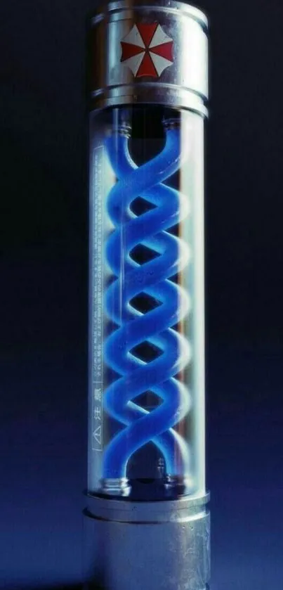 A futuristic DNA helix in a metallic capsule glowing blue.