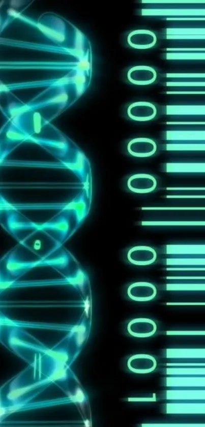 Futuristic DNA and binary code on tech wallpaper.