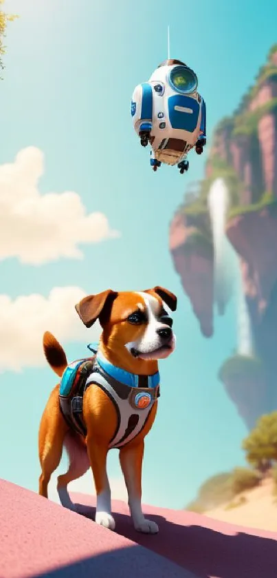 A cute dog and hovering robot in a vibrant futuristic landscape.