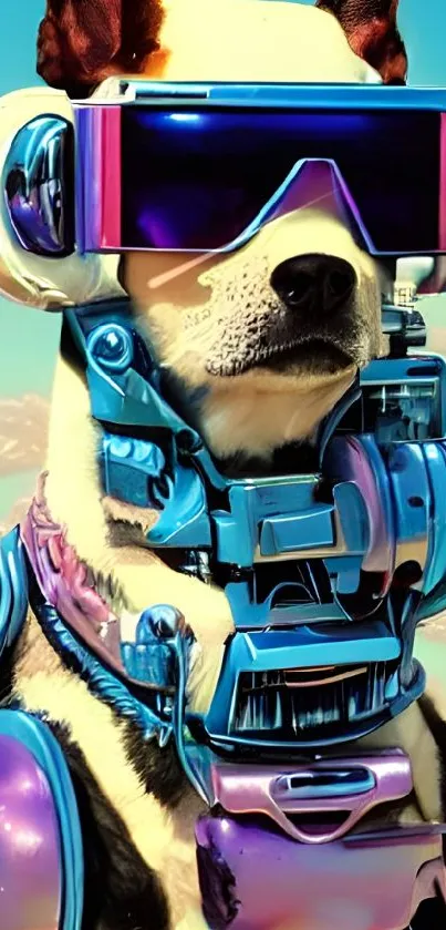 Futuristic dog with cyberpunk gear on colorful background.