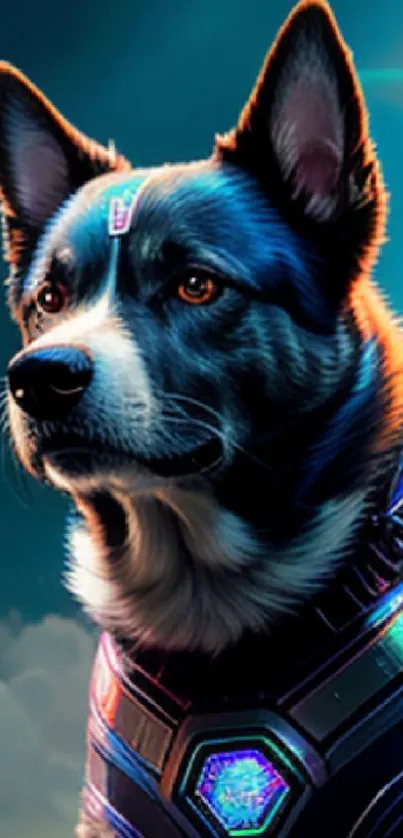 Futuristic dog with vibrant cosmic elements.