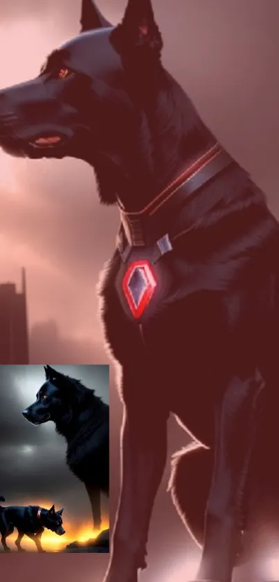 Futuristic dog hero with glowing emblem on a crimson sky background.