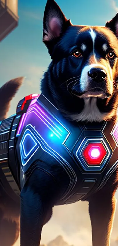 Futuristic dog wearing tech gear under a vibrant blue sky.