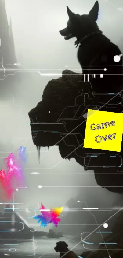 Dark silhouette of a dog with colorful splashes and 'Game Over' sign on a futuristic background.