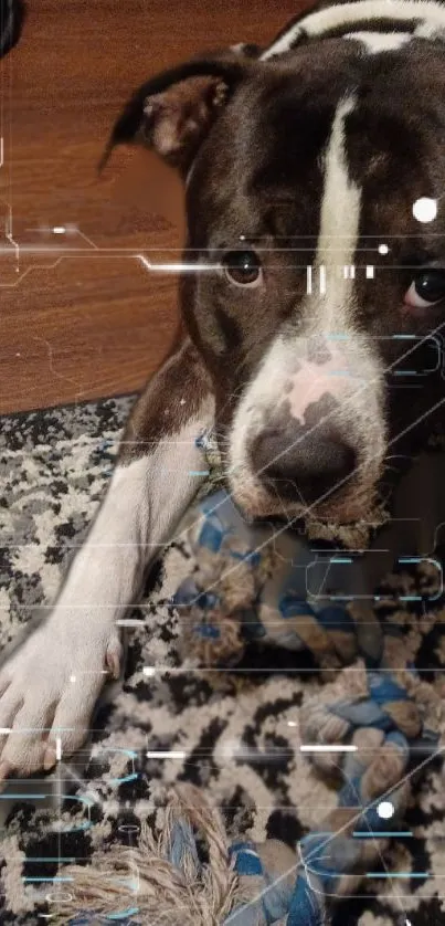 Dog with digital HUD elements on a rug.