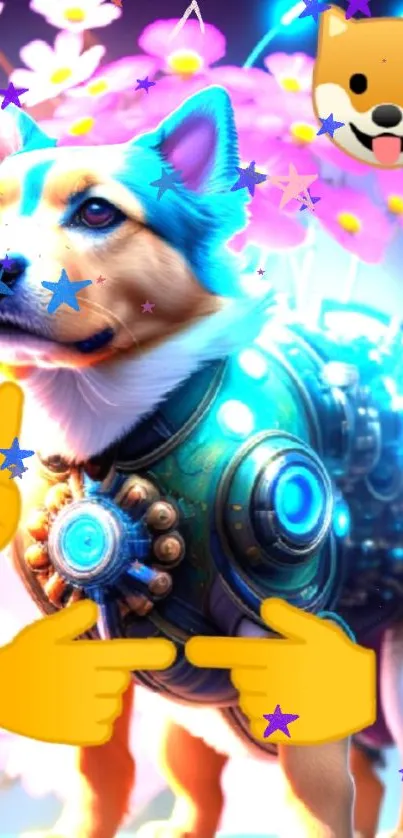 Futuristic dog with emojis and flowers in a vibrant galaxy theme.