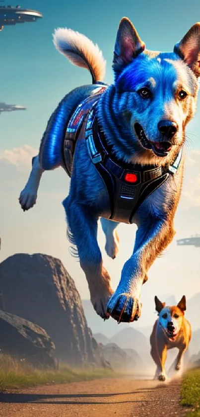 Futuristic dogs running with spaceships in a rocky landscape.