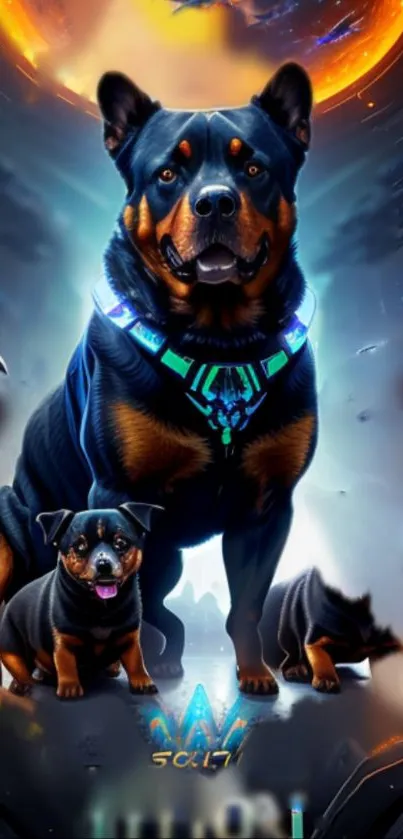 Futuristic guardian dogs in a cosmic scene.