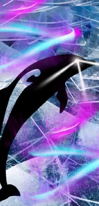 Black dolphin with neon colors on an icy background wallpaper.