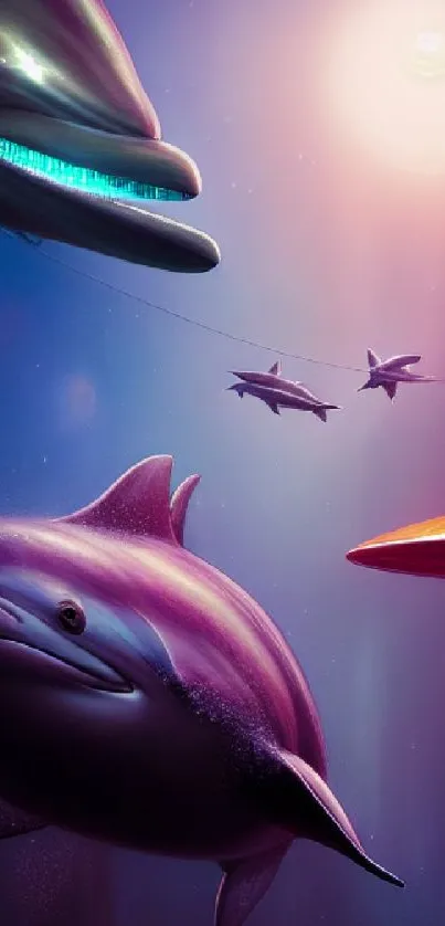 Futuristic scene featuring dolphins with purple and blue hues.