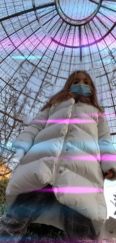 Person in a white coat under a neon-lit glass dome.