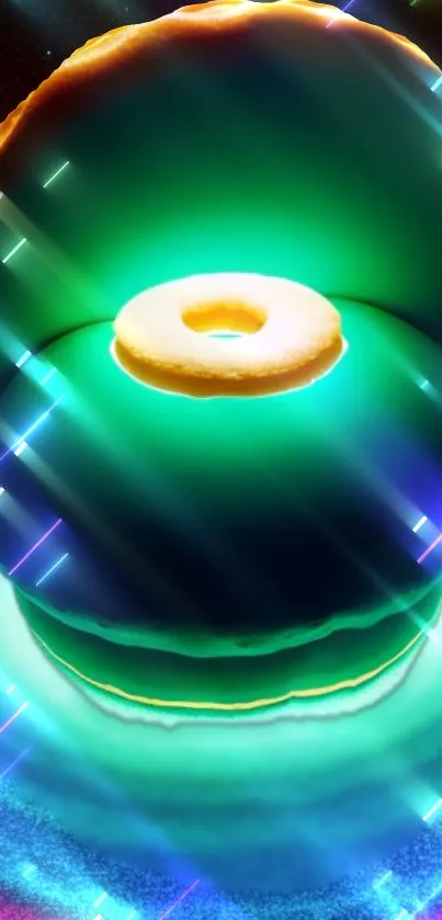 Glowing futuristic donut with neon lighting, perfect for mobile wallpaper.