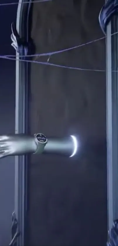 Futuristic scene with a silver hand reaching towards an elegant door.