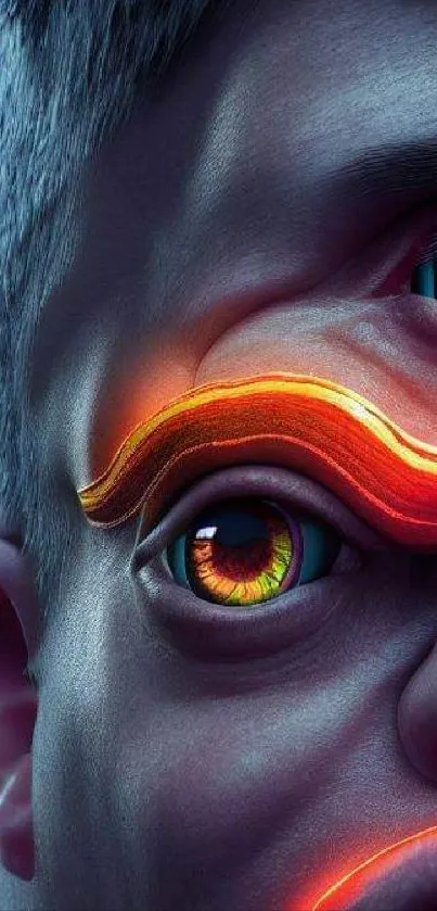 Futuristic face with neon eyes and vibrant colors.