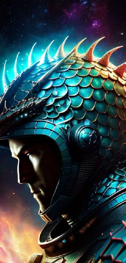 Futuristic warrior in dragon-themed armor on a cosmic backdrop wallpaper.