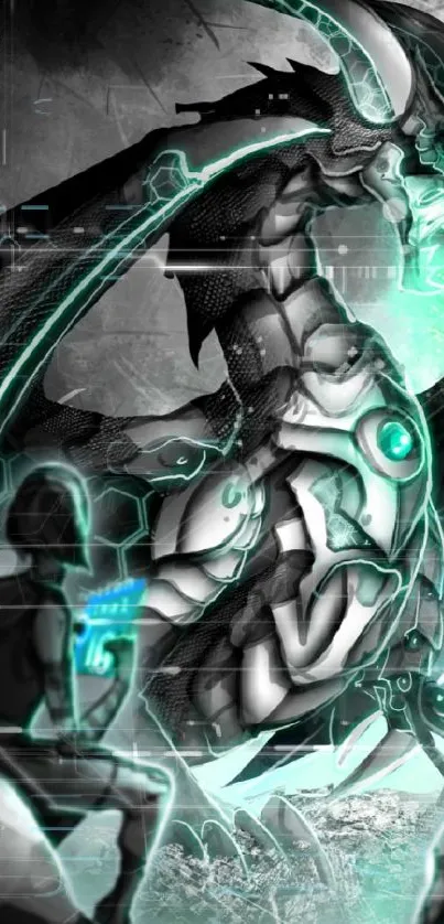 Futuristic dragon with neon glow and human figure in grayscale art.