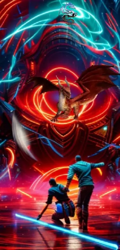 Futuristic dragon battle with neon colors.