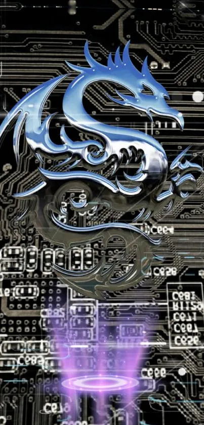 Futuristic blue dragon on circuit board wallpaper.