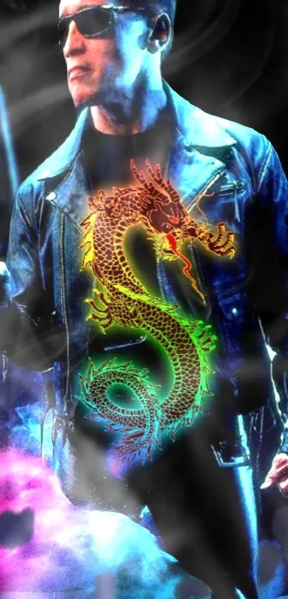 Leather-clad figure with neon dragon design on black background.