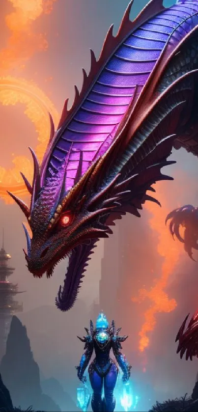 Futuristic dragon with vibrant colors in a fantasy landscape.