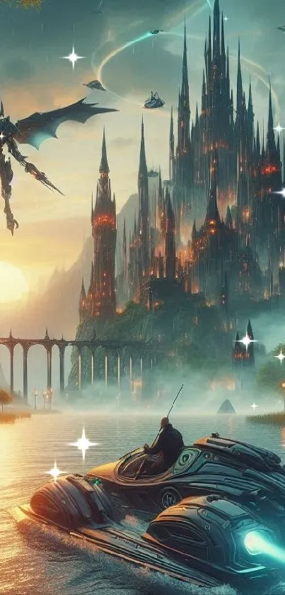 Dragon flies over a futuristic castle with hovercraft on a mystical river.