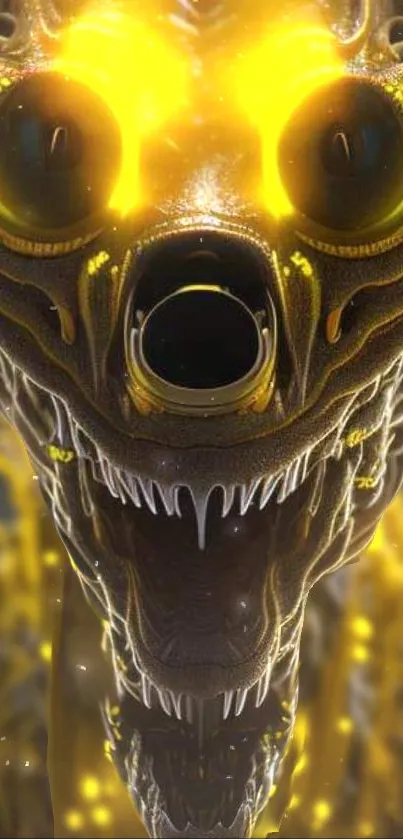 Futuristic glowing dragon art with bright yellow eyes and intricate design.