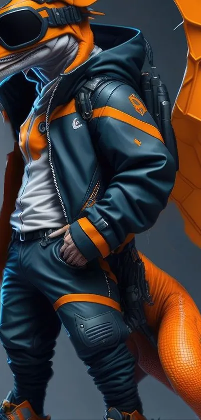 Futuristic dragon in a leather jacket with orange accents.