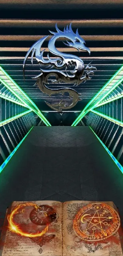 Futuristic tunnel with magical dragon and spellbook.