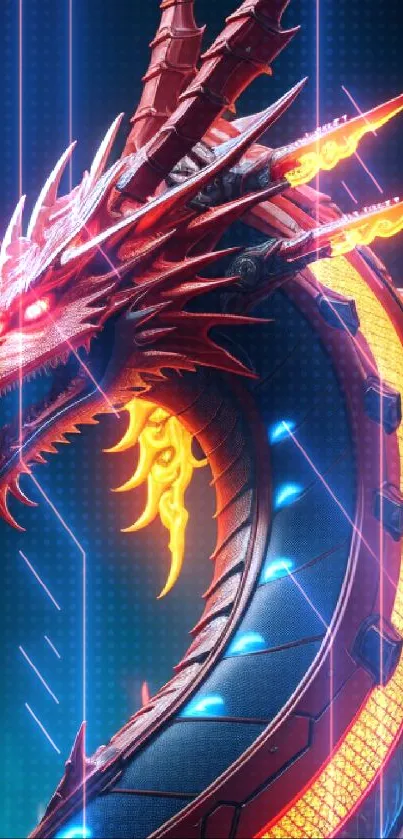 Futuristic dragon with neon colors in a digital design for mobile wallpaper.