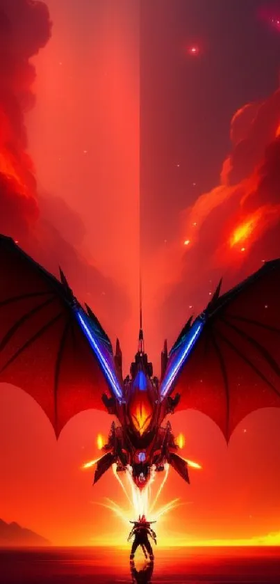 Futuristic dragon with glowing wings against a red sky on mobile wallpaper.