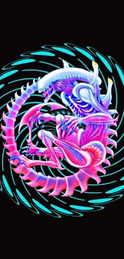 Futuristic neon dragon swirling in vibrant cyan and magenta.