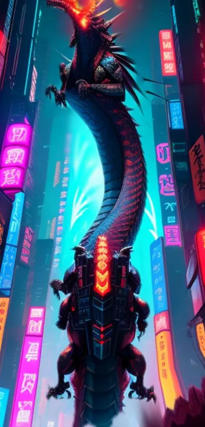 Futuristic neon dragon in a vibrant cityscape.