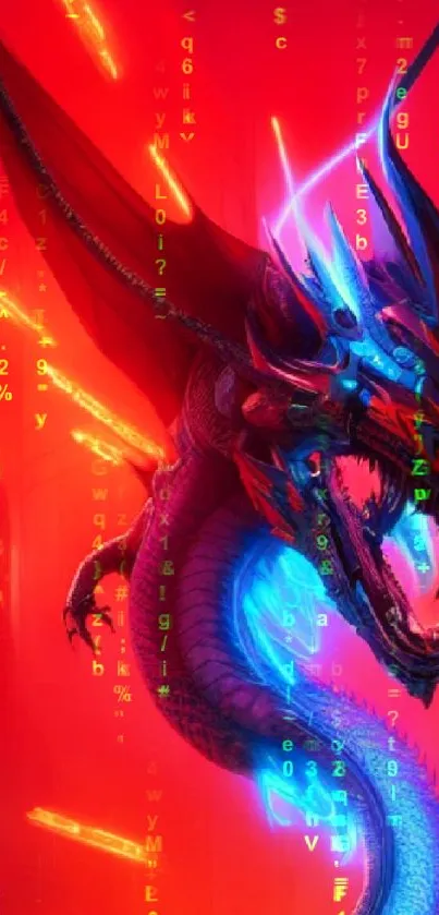 Futuristic neon dragon with vibrant glow on a red background.