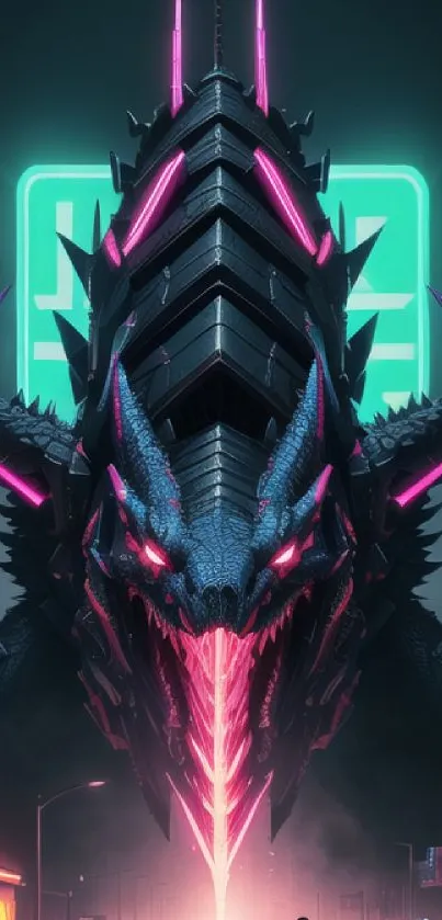 Futuristic neon dragon with glowing effects in a cyberpunk city.