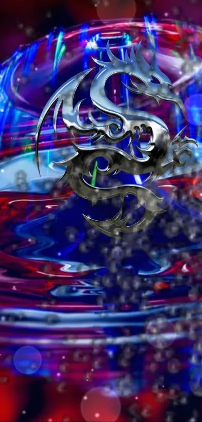Vibrant red dragon futuristic design with metallic elements on a swirling background.