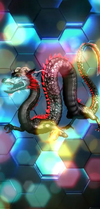 3D black and red dragon on blue hexagon pattern background.