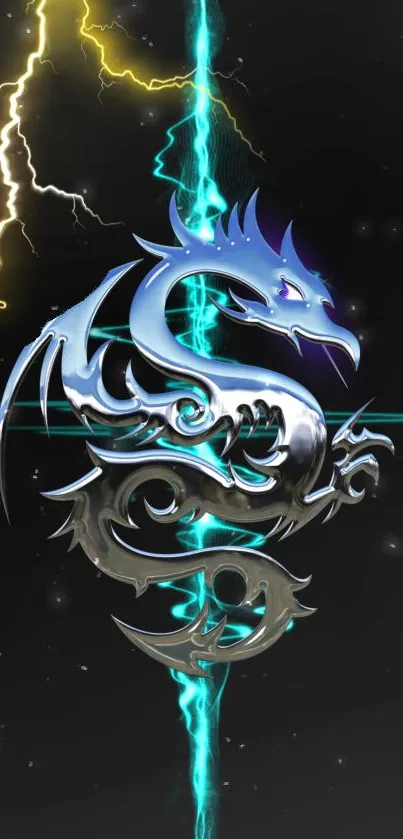 Metallic dragon with blue lightning on a dark background.