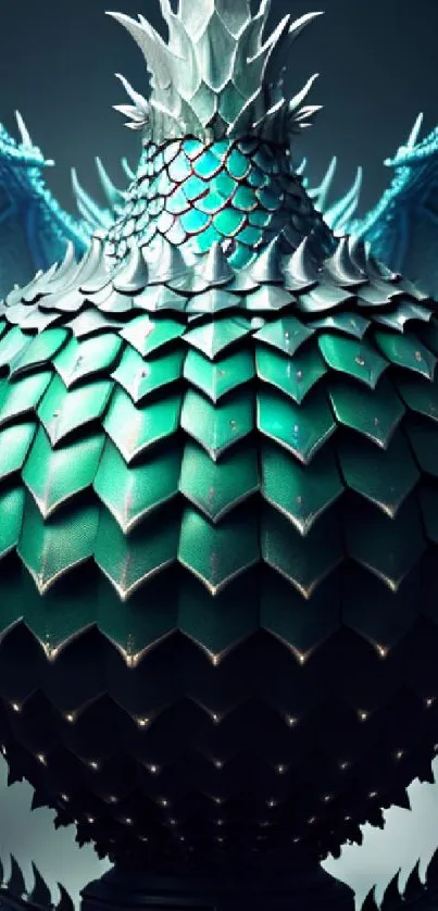 Futuristic dragon scale design in teal with intricate details.