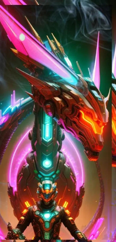 Futuristic dragon and warrior in neon colors on a sci-fi wallpaper.