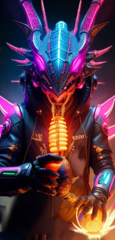 Futuristic dragon warrior with neon lights and cyberpunk elements.