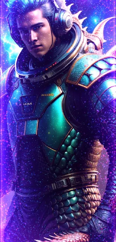 Futuristic dragon warrior standing in space, detailed armor and vivid cosmic colors.