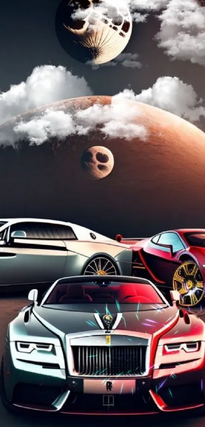 Futuristic cars under a celestial sky with planets in the background.
