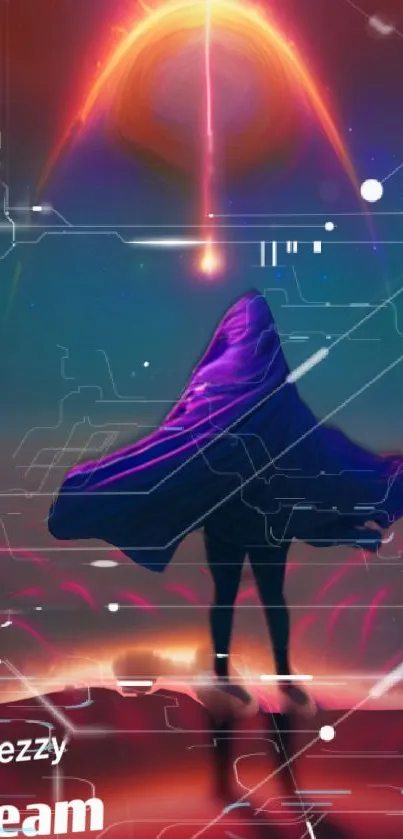 Vibrant futuristic wallpaper with a cloaked figure and digital elements.