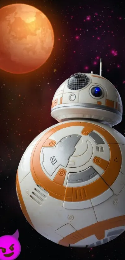 Futuristic droid floating in outer space with a colorful planet in the background.