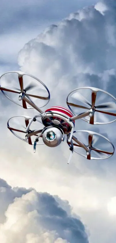 Futuristic drone flying through cloudy sky in dynamic wallpaper.