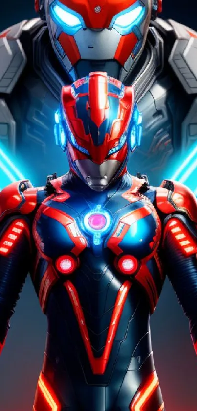 Futuristic robot wallpaper with blue and red design.